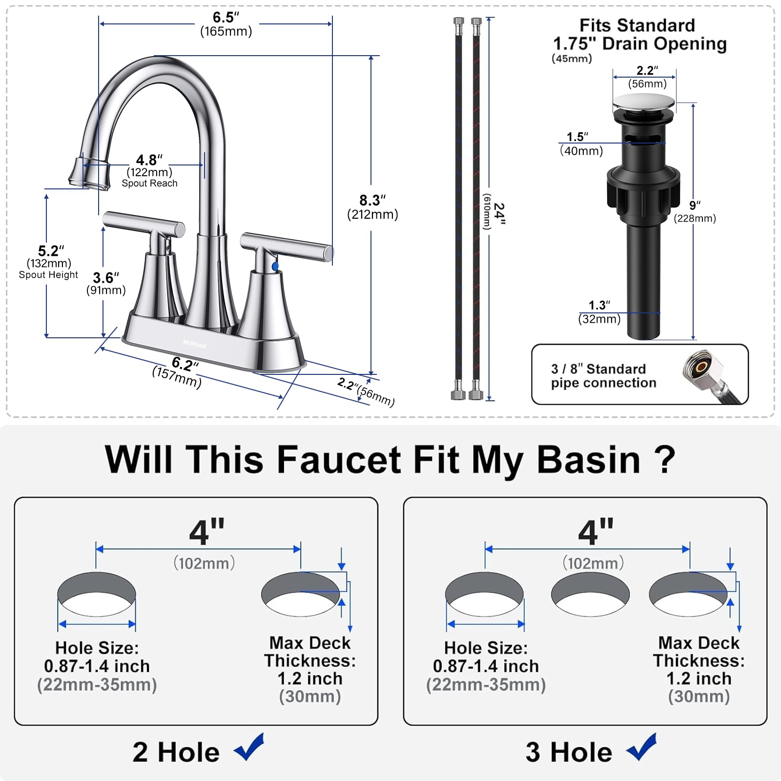 Hurran two-handle lever operation enables precise temperature and flow control.