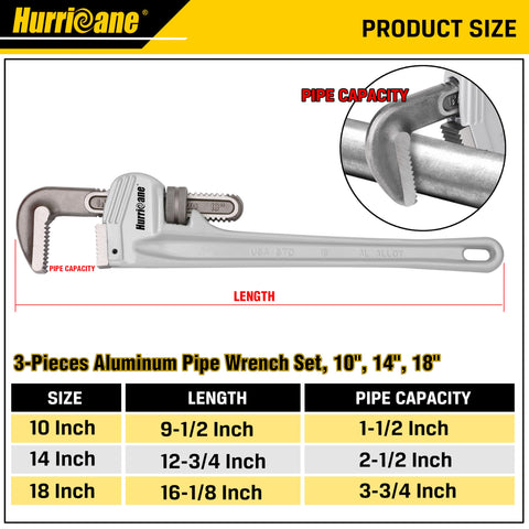 HURRICANE 10-inch aluminum pipe wrench with lightweight design for fatigue-free use.