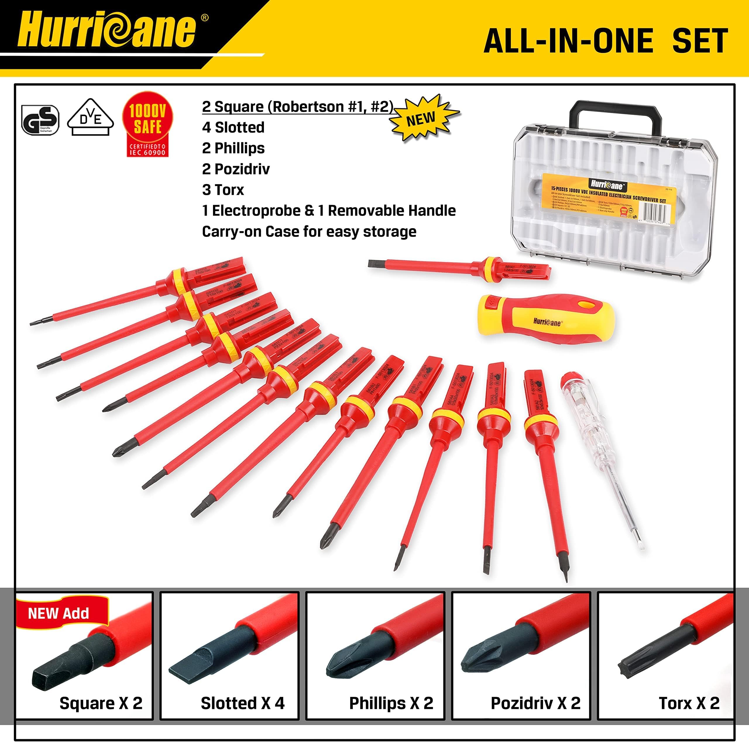 HURRICANE 1000V variety of blade tips including Square, Slotted, Phillips, Pozidriv, Torx