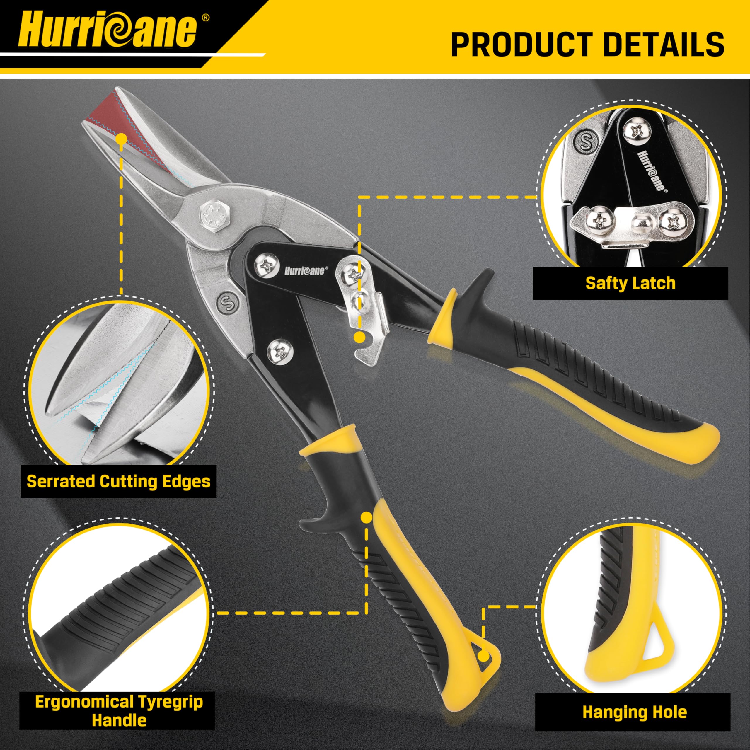 Hurricane 10-inch aviation tin snips in action for straight cut performance.