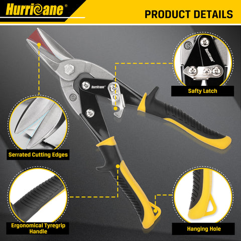 Hurricane 10-inch aviation tin snips in action for straight cut performance.