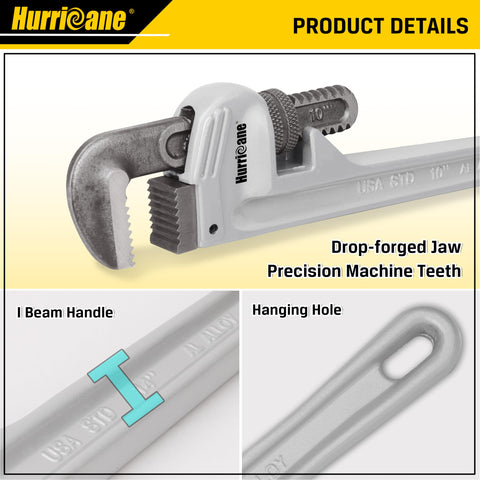 HURRICANE 14-inch aluminum pipe wrench offers a wider opening for challenging fittings.