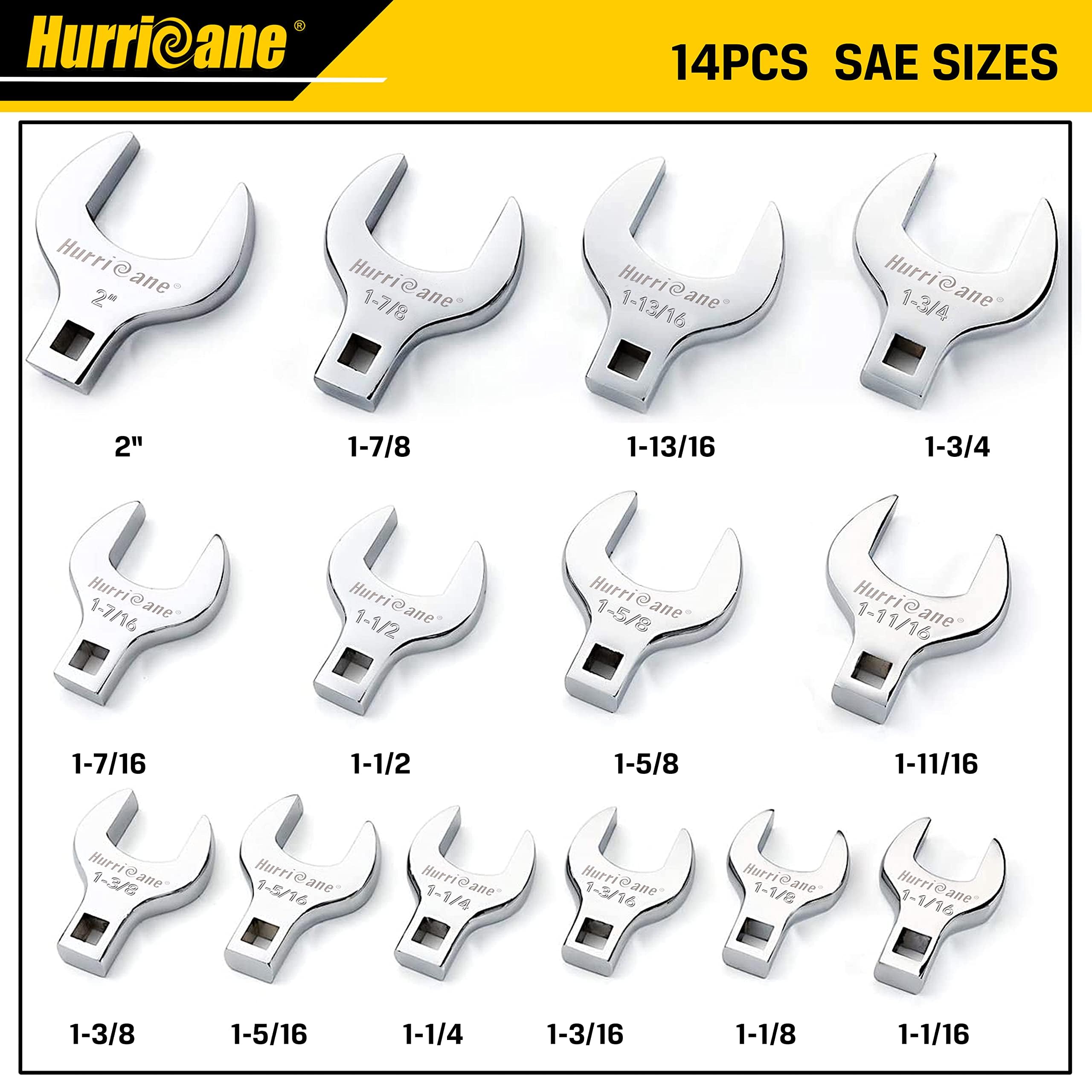 Hurricane 14-piece crowfoot wrenches in chrome finish for durability