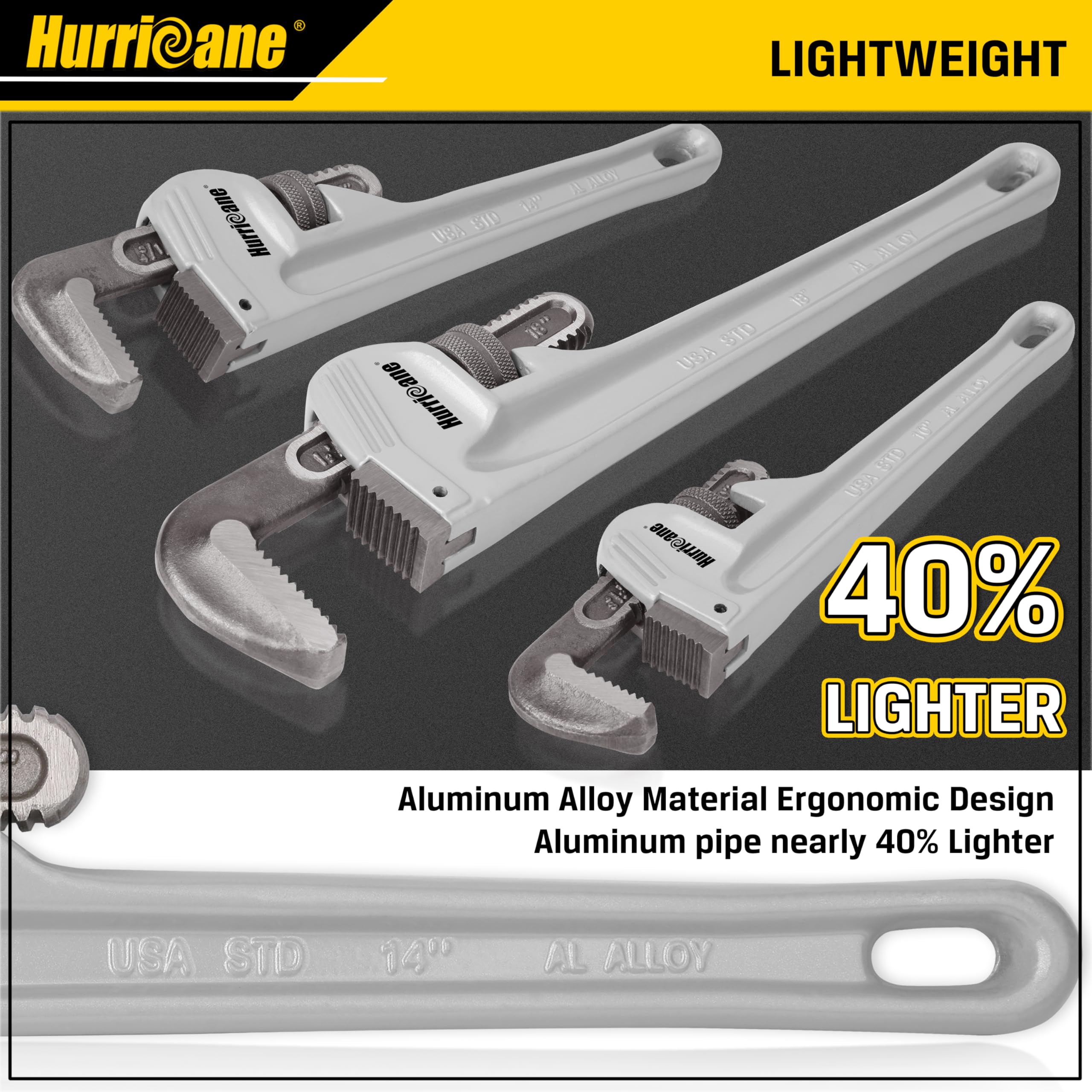 HURRICANE 18-inch aluminum pipe wrench delivers deep jaws for large-diameter pipes.