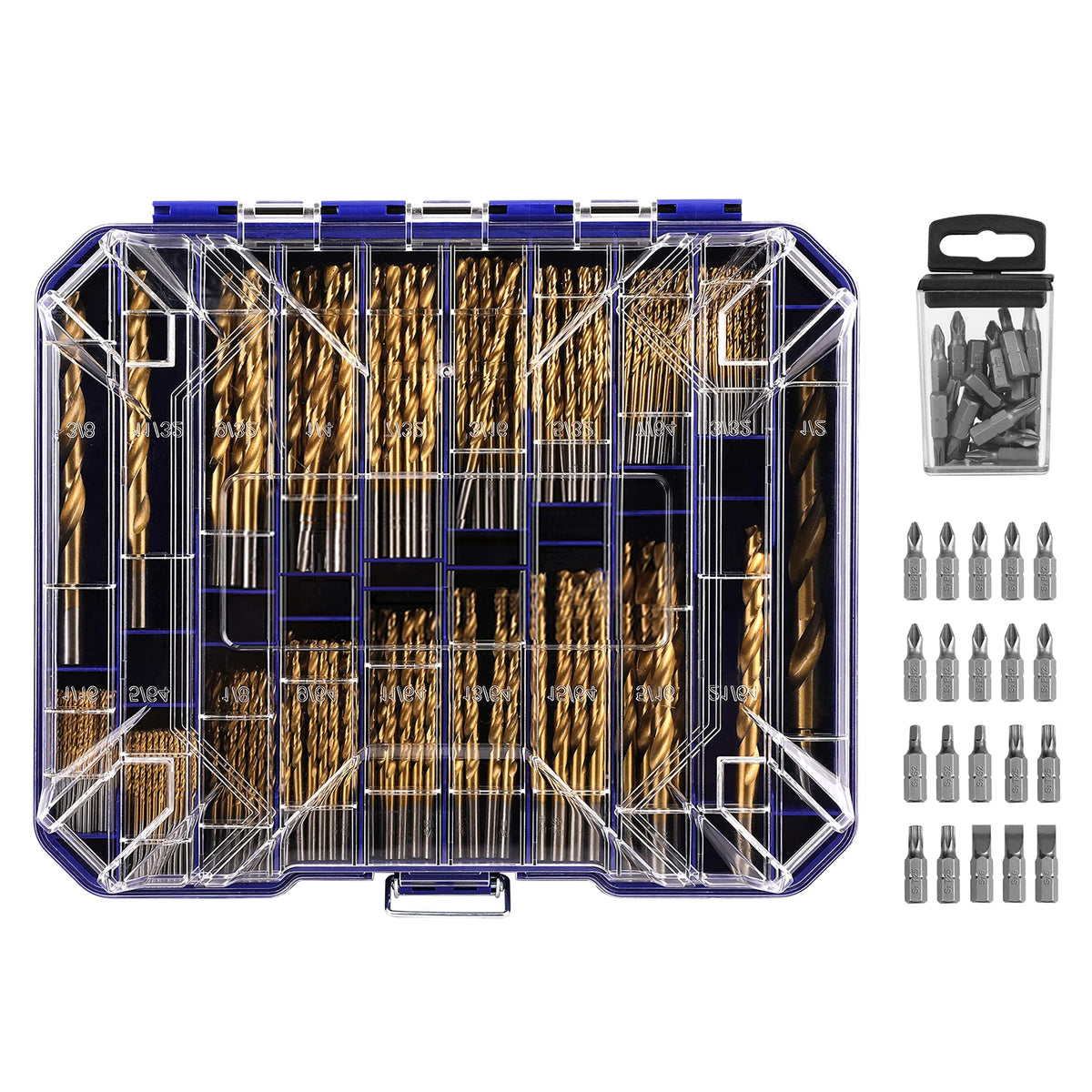 HURRICANE 276pc titanium twist drill bit set in a clear lid case for organized storage.