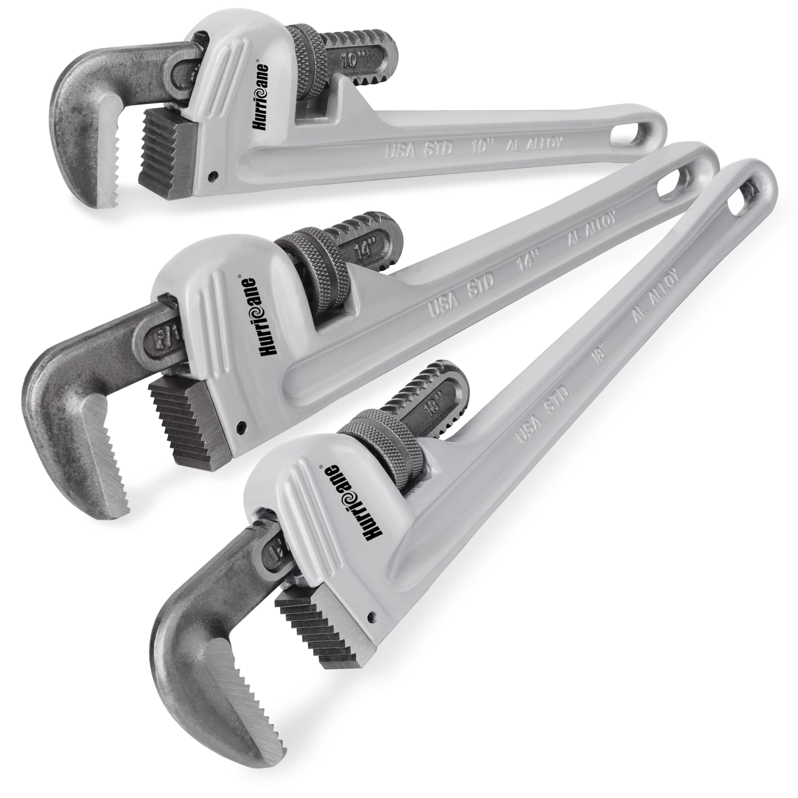 HURRICANE 3-piece aluminum pipe wrench set in compact form for easy transport.