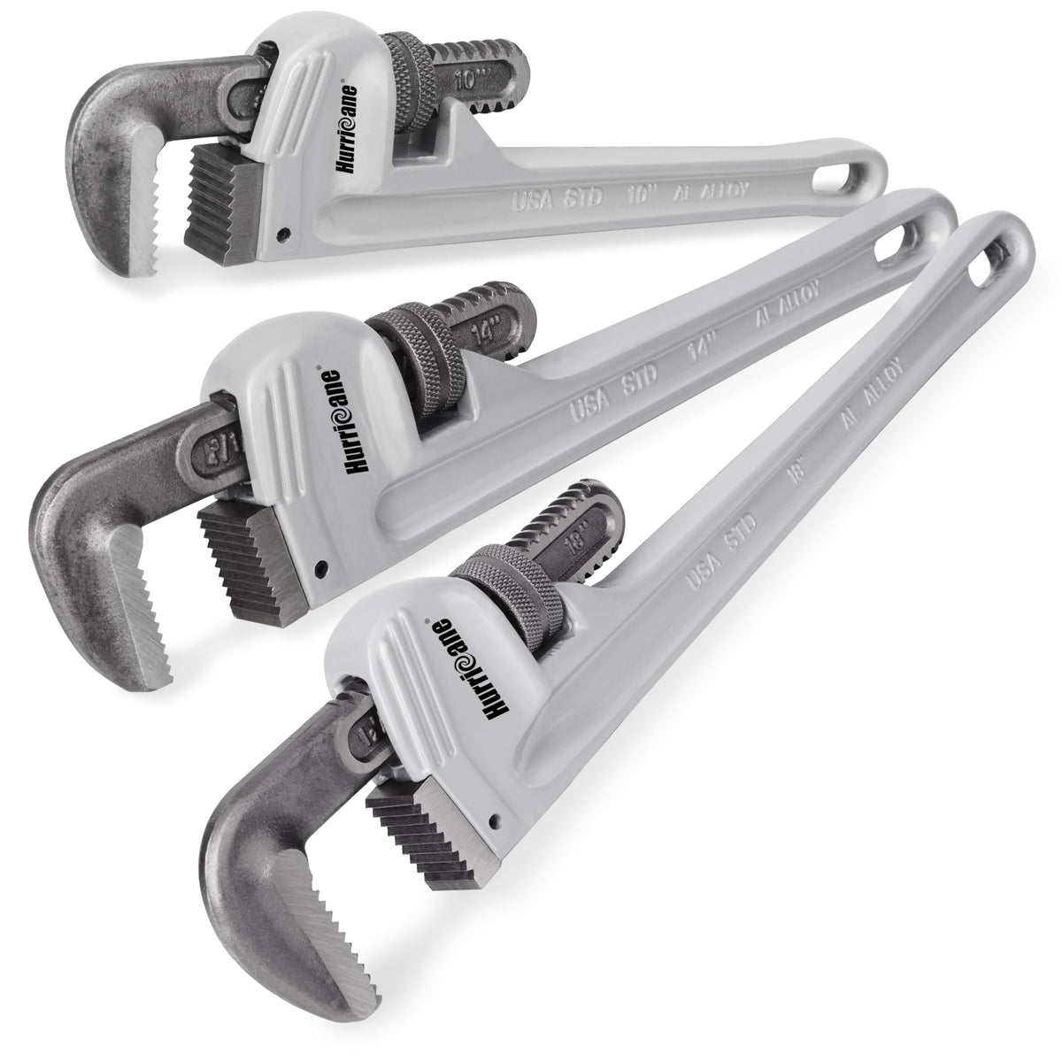 HURRICANE 3-piece aluminum pipe wrench set in compact form for easy transport.