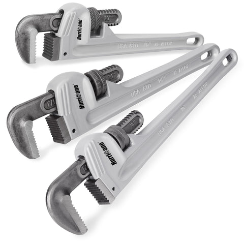 HURRICANE 3-piece aluminum pipe wrench set in compact form for easy transport.