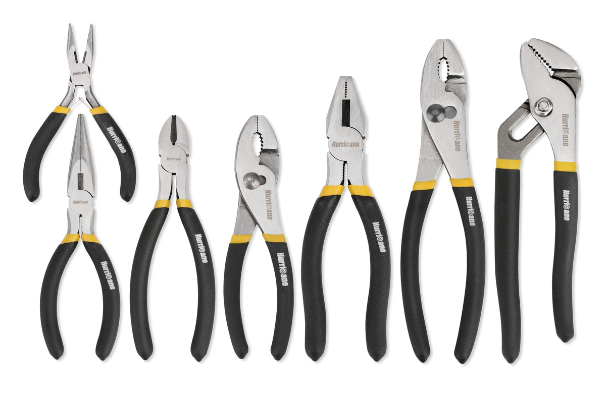 Hurricane 7-piece pliers set with forged steel and cushioned grips for versatile DIY projects
