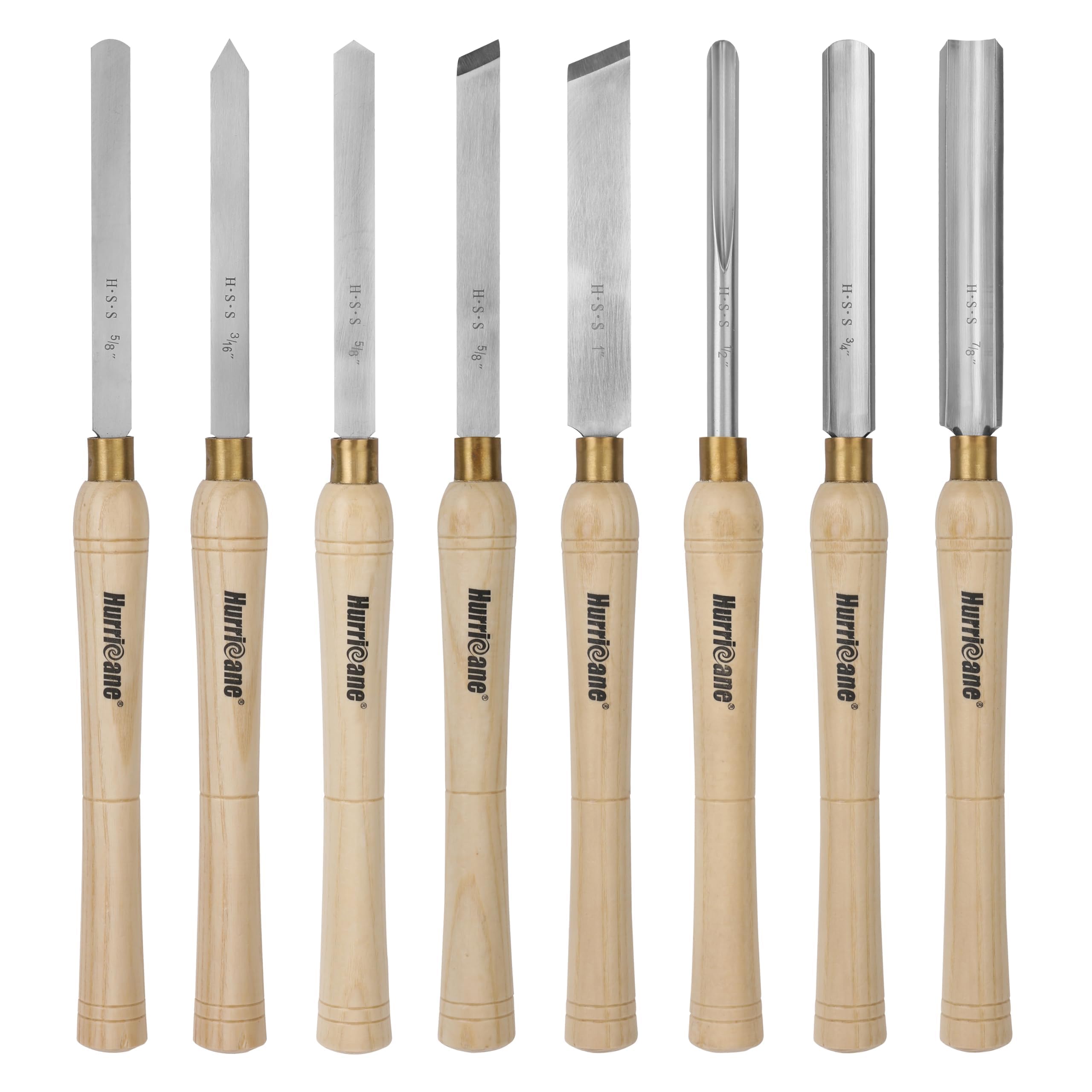 HURRICANE 8pc wood lathe chisels in wooden box for organized storage and easy transport.