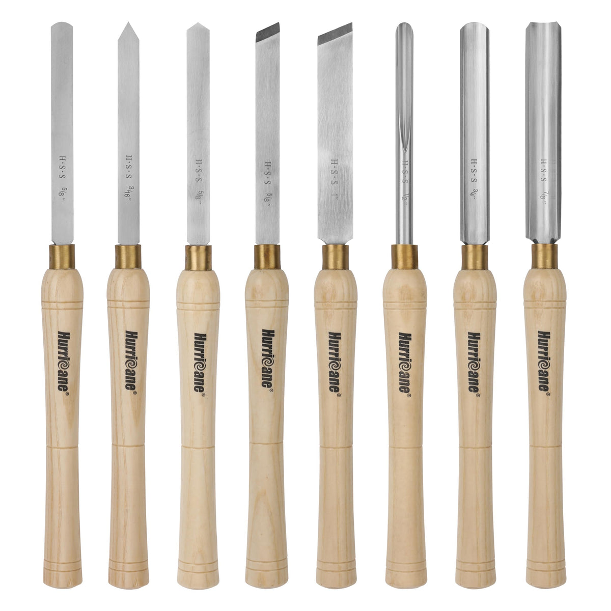HURRICANE 8pc wood lathe chisels in wooden box for organized storage and easy transport.