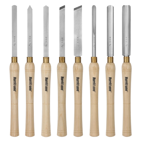 HURRICANE 8pc wood lathe chisels in wooden box for organized storage and easy transport.
