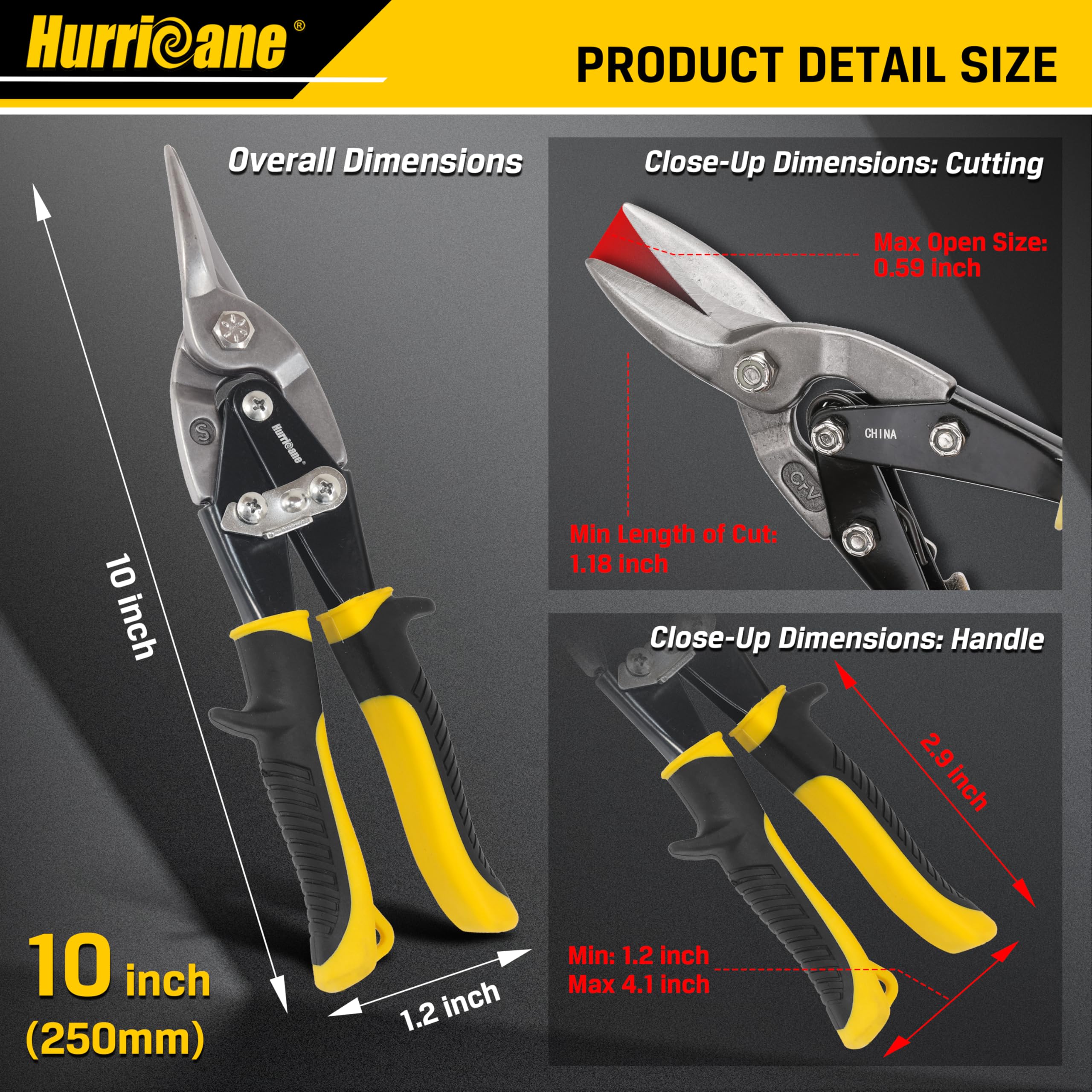 Hurricane chrome-vanadium steel blades on tin snips for durable cutting.