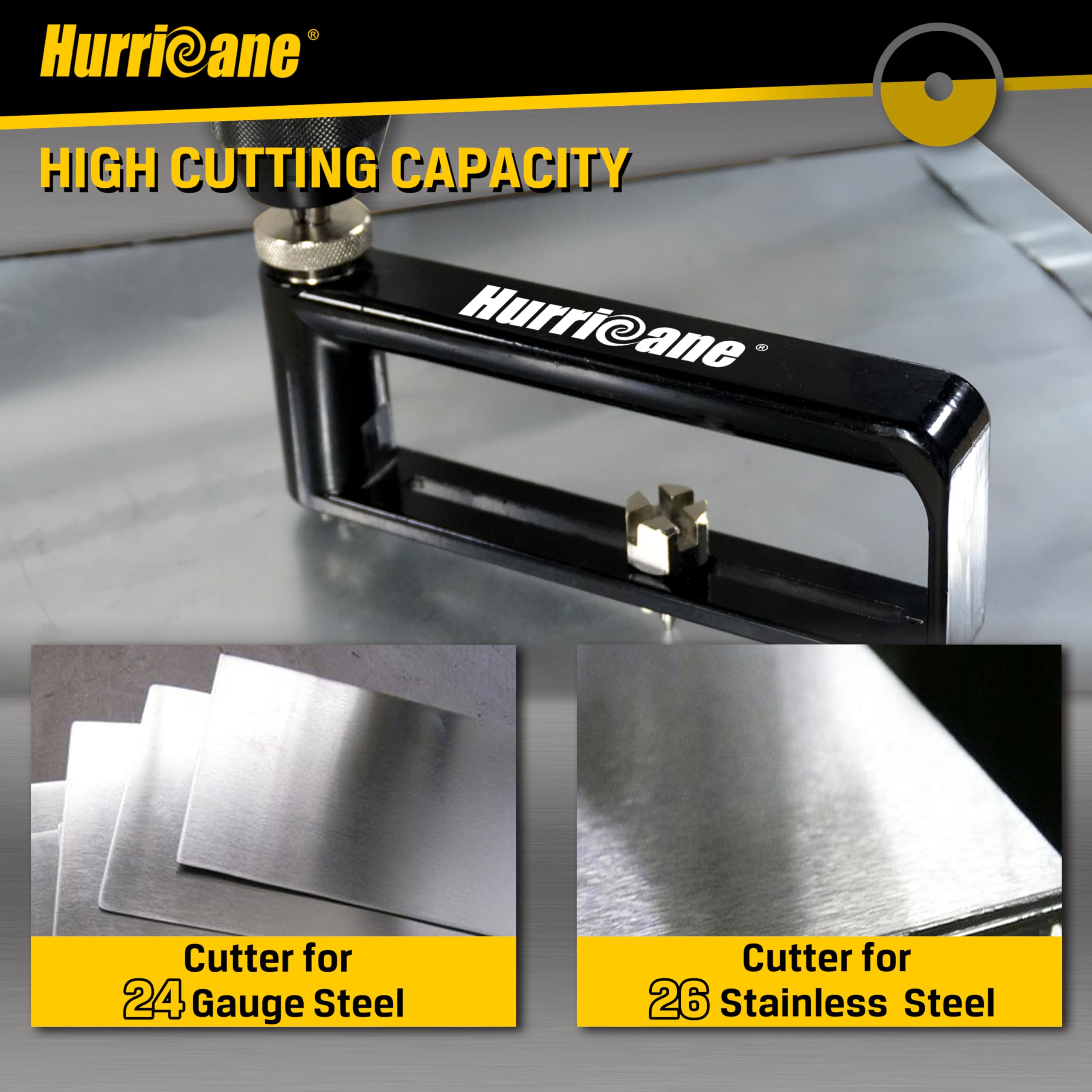 HURRICANE hole cutter compatible with any drill chuck for easy setup.