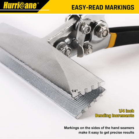 Jaws on Hurricane seamer with 1/4-inch markings for repeatable bends