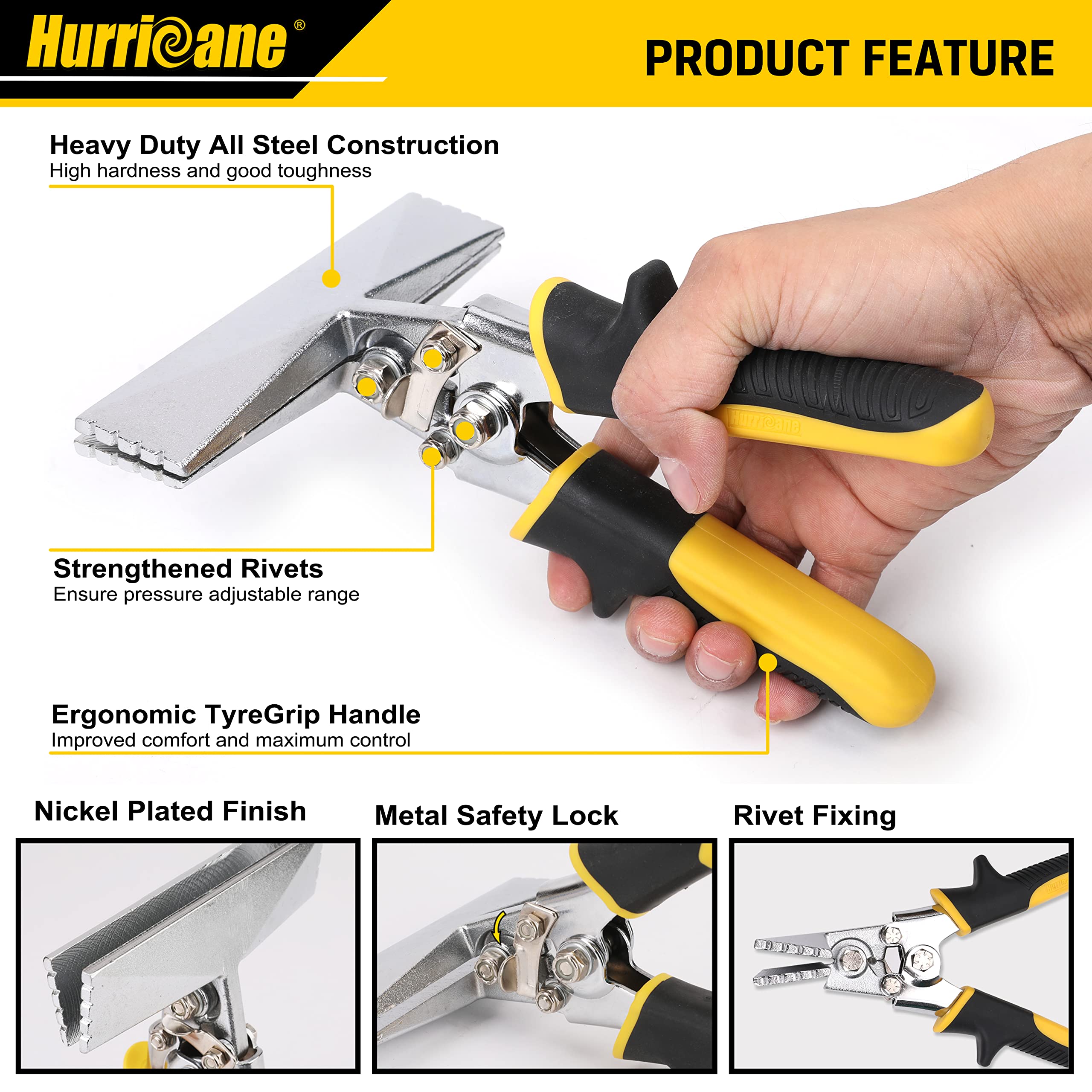 HURRICANE sheet metal hand seamer with ergonomic handle highlights comfortable leverage.
