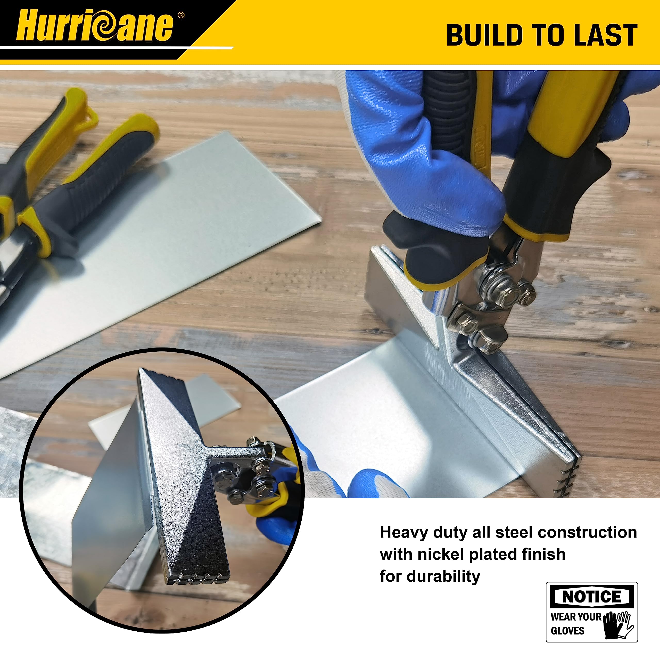HURRICANE seamer in use on HVAC sheet metal demonstrating flat seam formation.