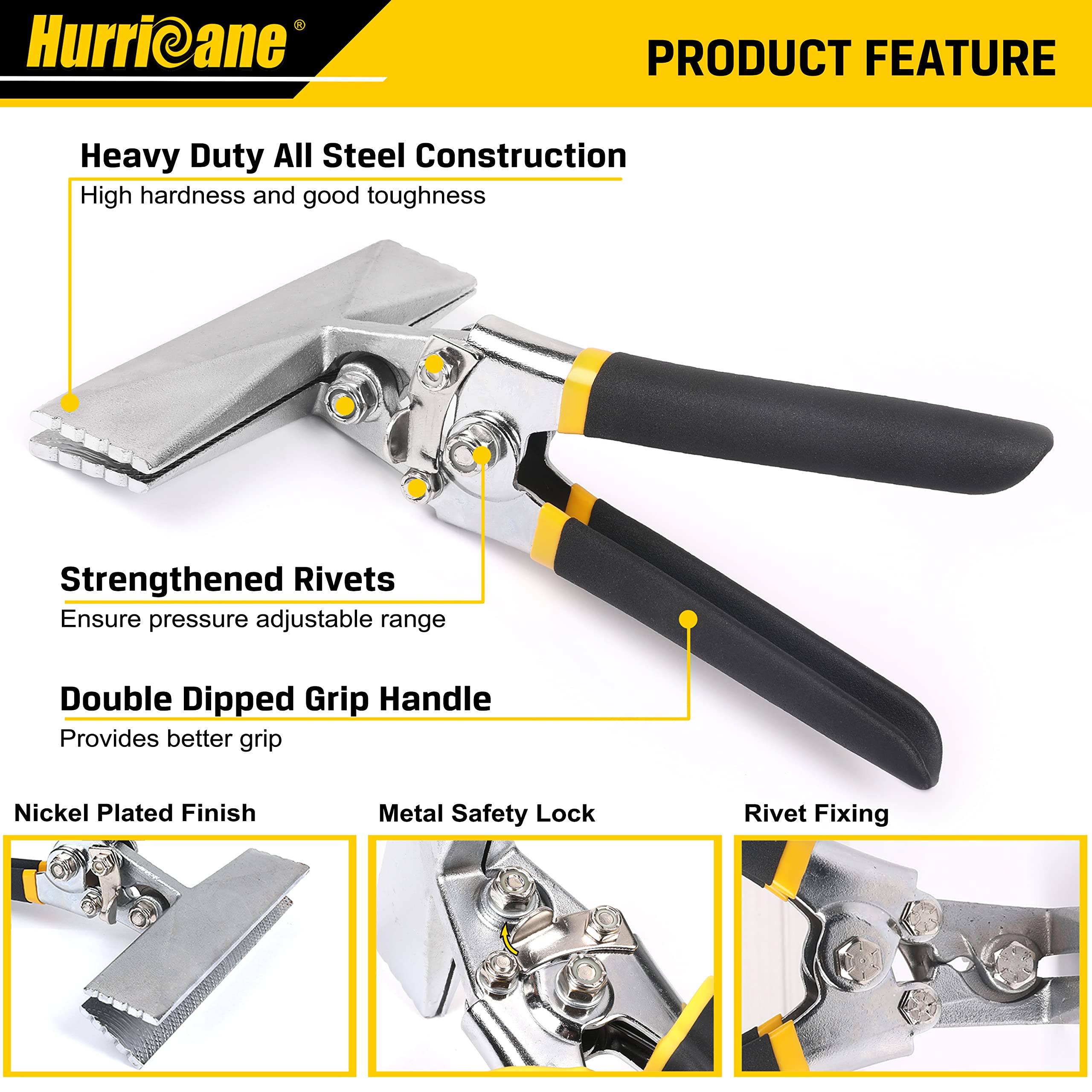 Hurricane 6-inch seamer side view showing straight jaw design for flat bends