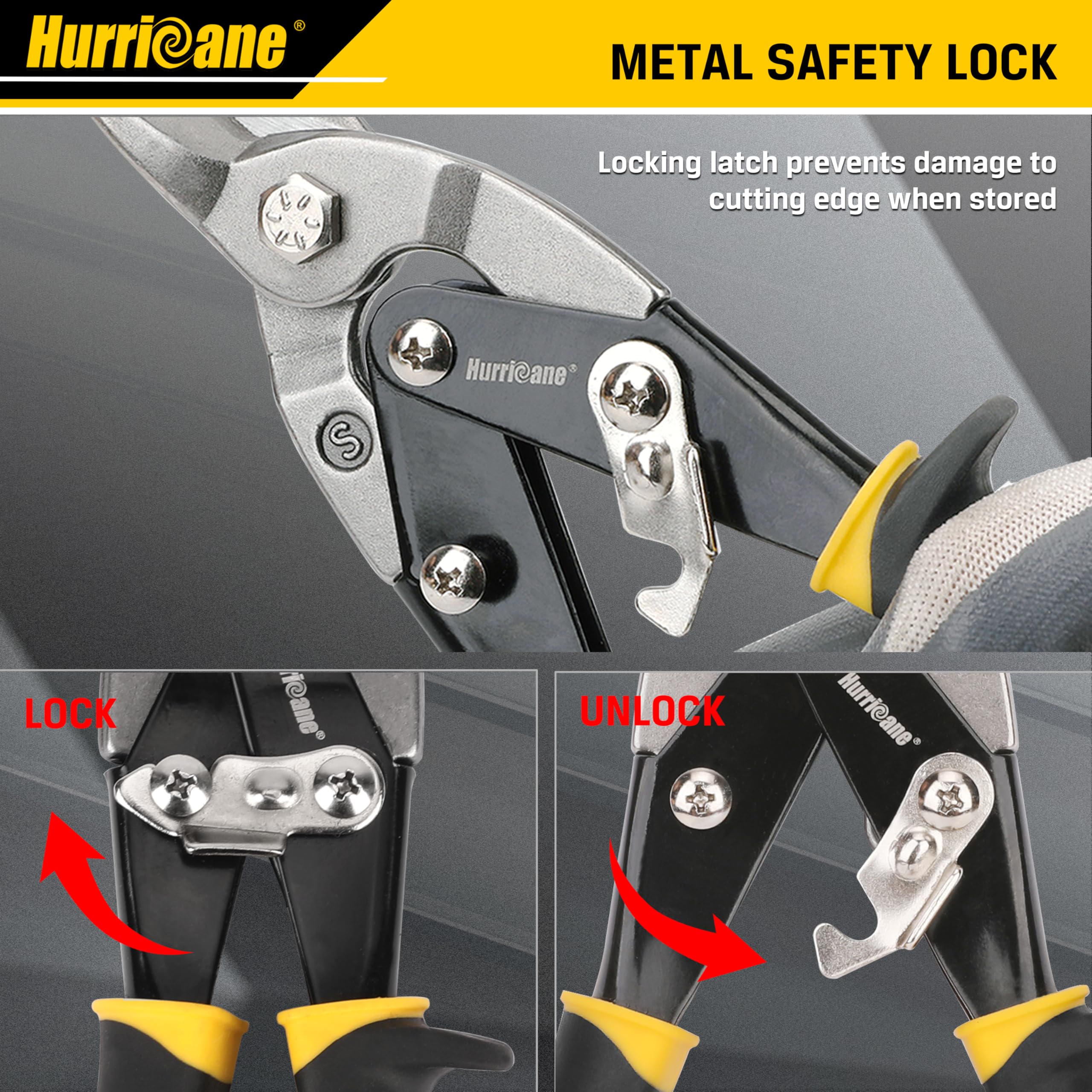 Hurricane tin snips with serrated jaws providing a secure grip.