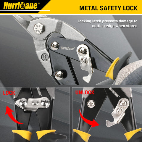 Hurricane tin snips with serrated jaws providing a secure grip.