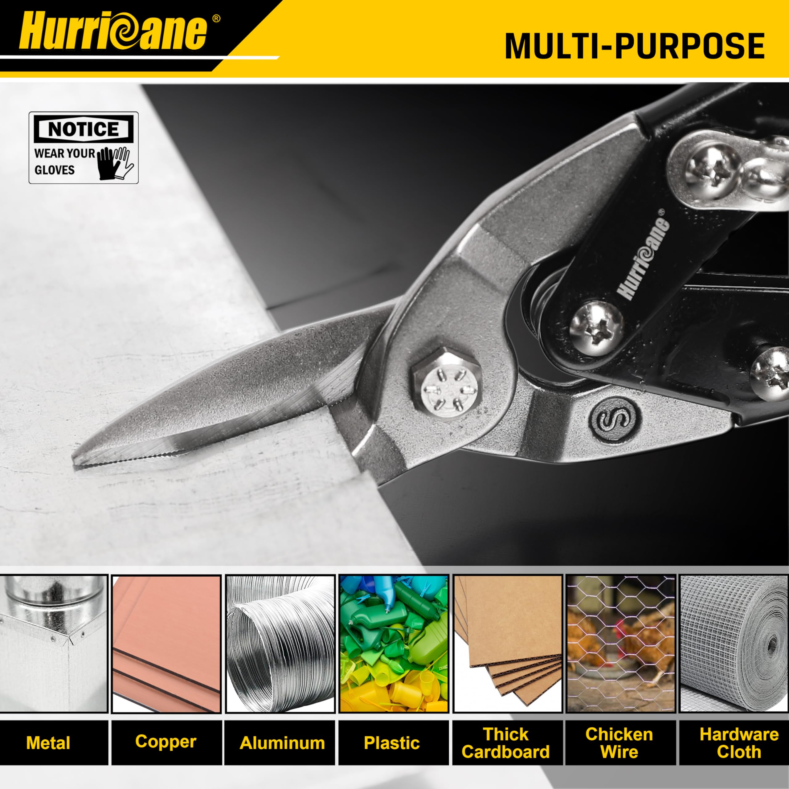 Hurricane tin snips cutting aluminum siding smoothly.