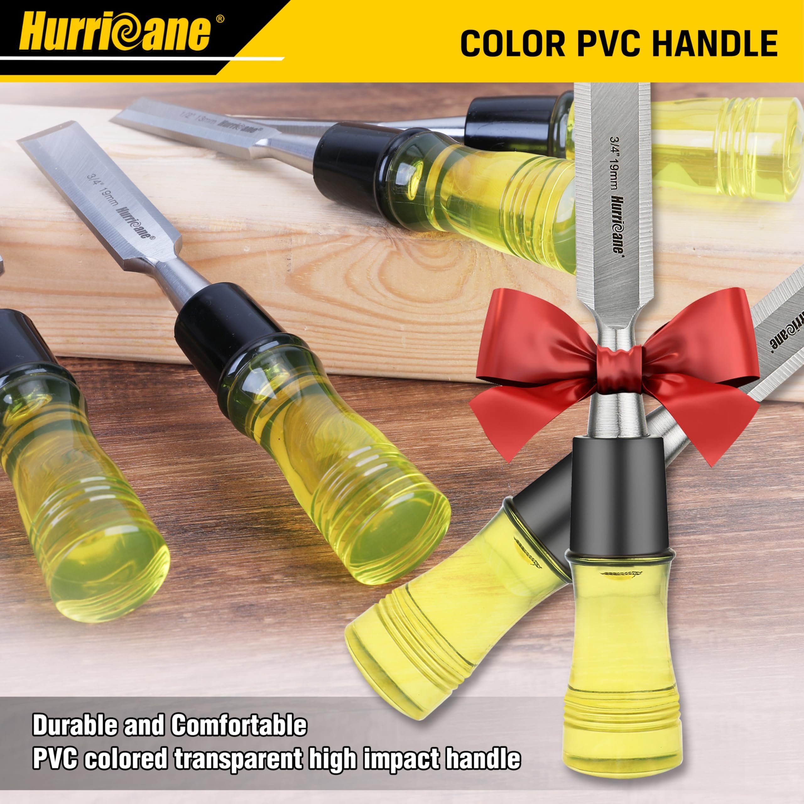 HURRICANE wood chisel set ergonomic PVC handle offers comfortable grip.