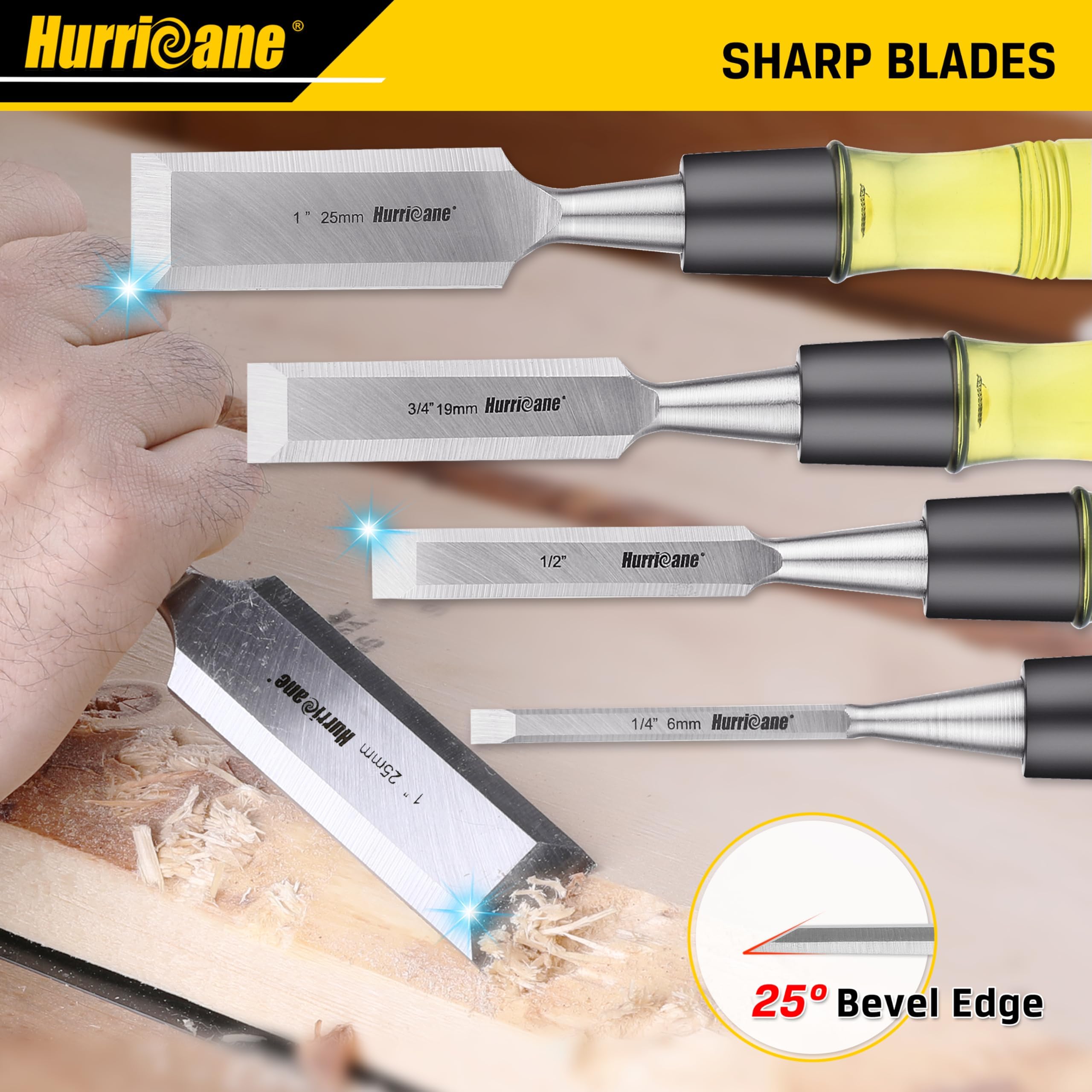 HURRICANE wood chisel set one-inch blade for aggressive cutting and edge shaping.
