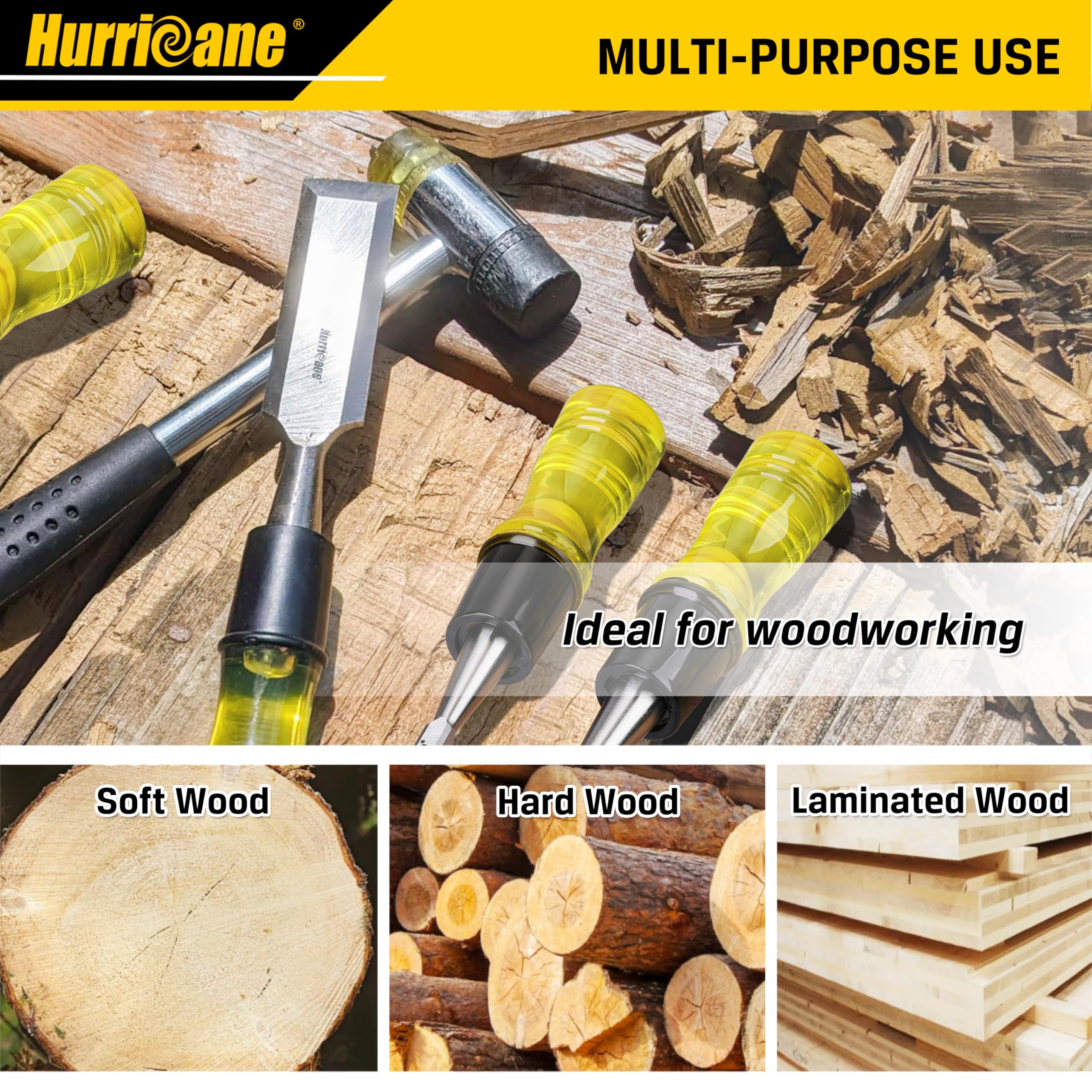 HURRICANE wood chisel set with blade guards protects edges during storage.