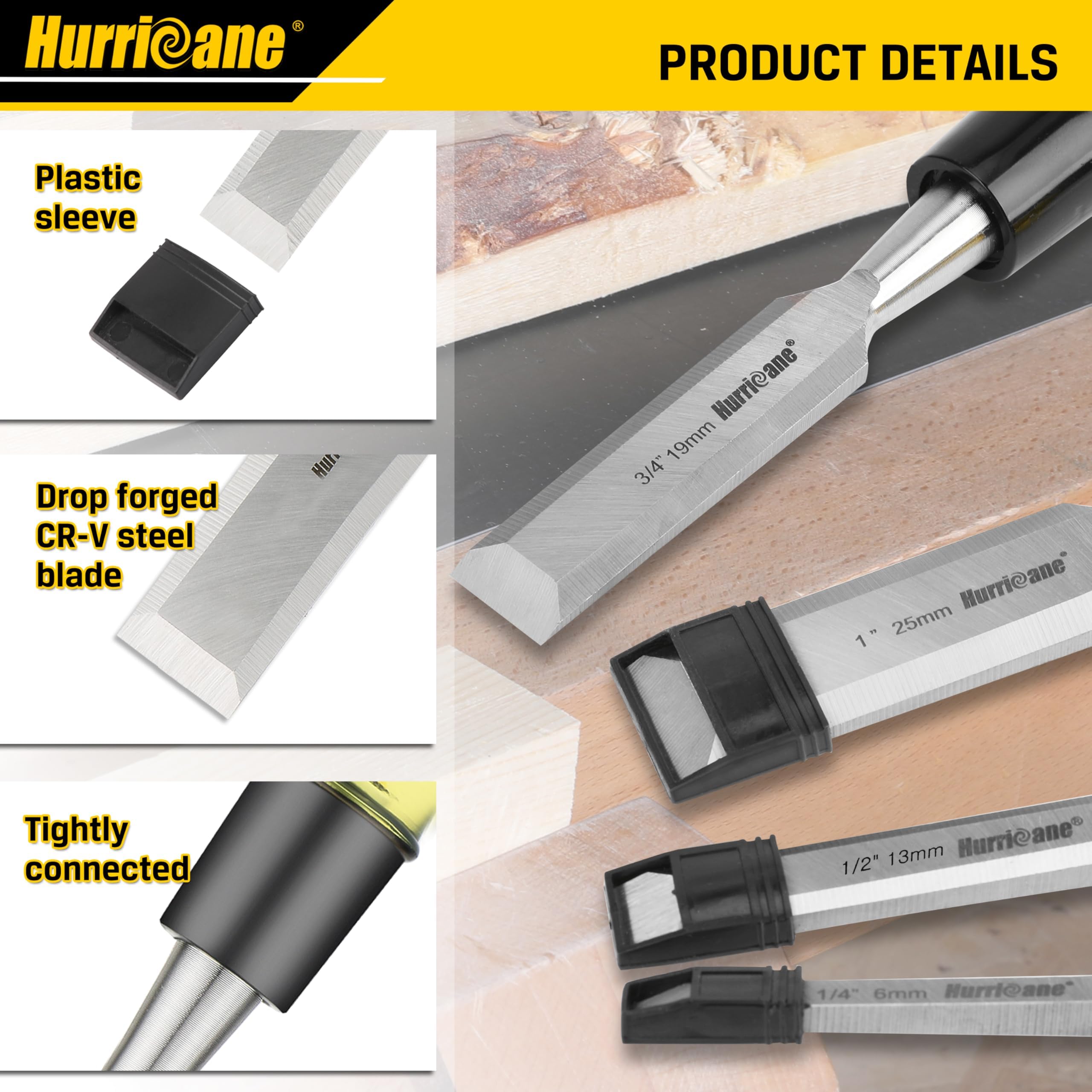 HURRICANE wood chisel set three-quarter-inch blade handles heavy tasks and laminated wood.
