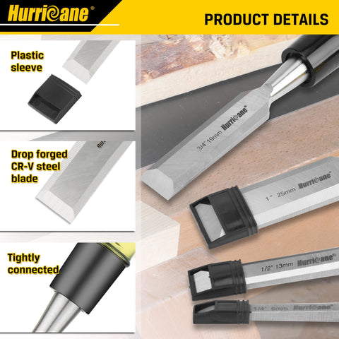 HURRICANE wood chisel set three-quarter-inch blade handles heavy tasks and laminated wood.