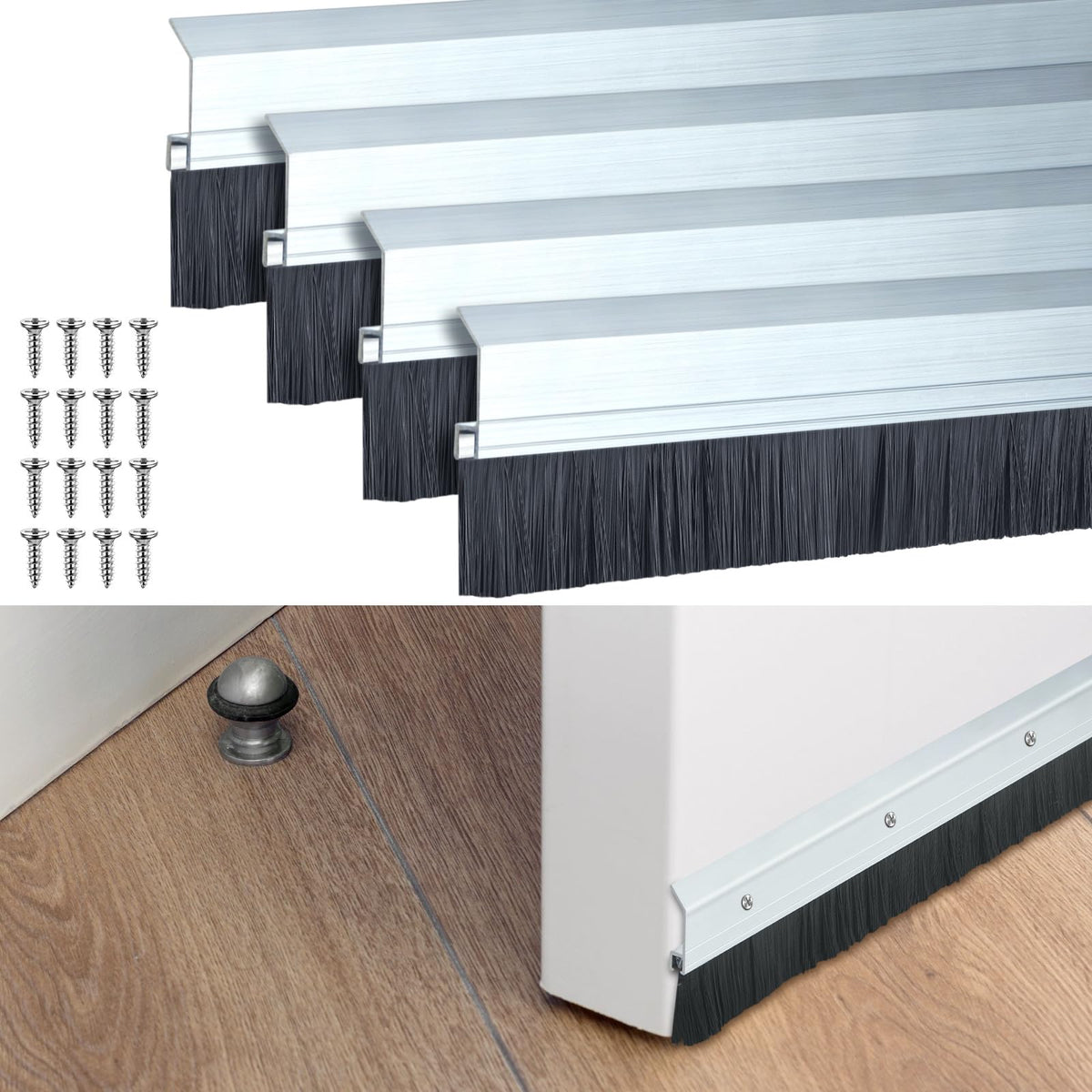 Hushee door sweep exterior assembly with four pieces for easy installation.