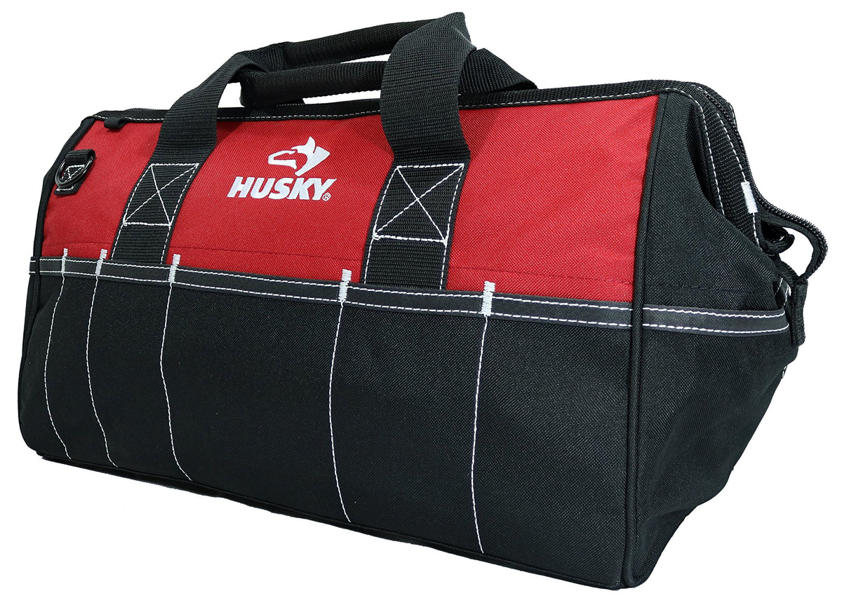 Husky 82003N11 tool bag front view shows sturdy construction and ample pockets