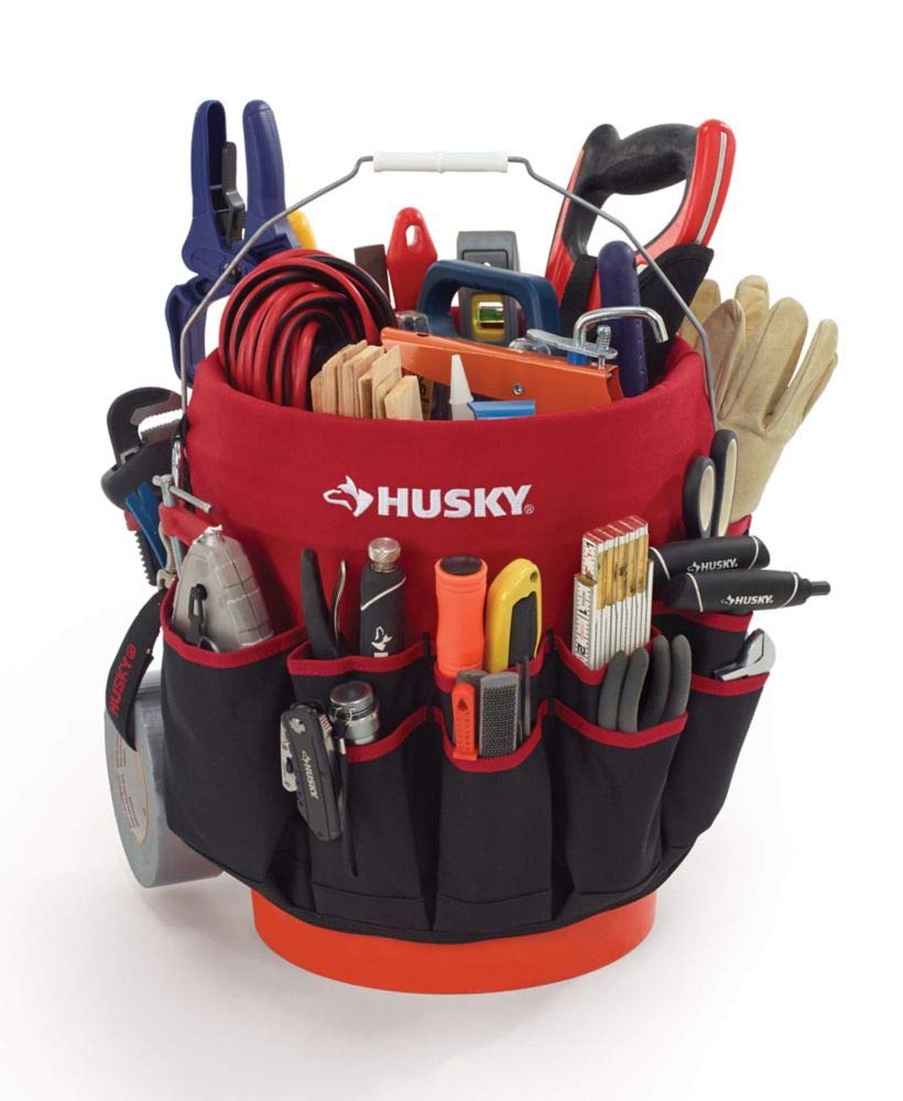 Husky Bucket Jockey with 30-pocket storage for organized tool access.