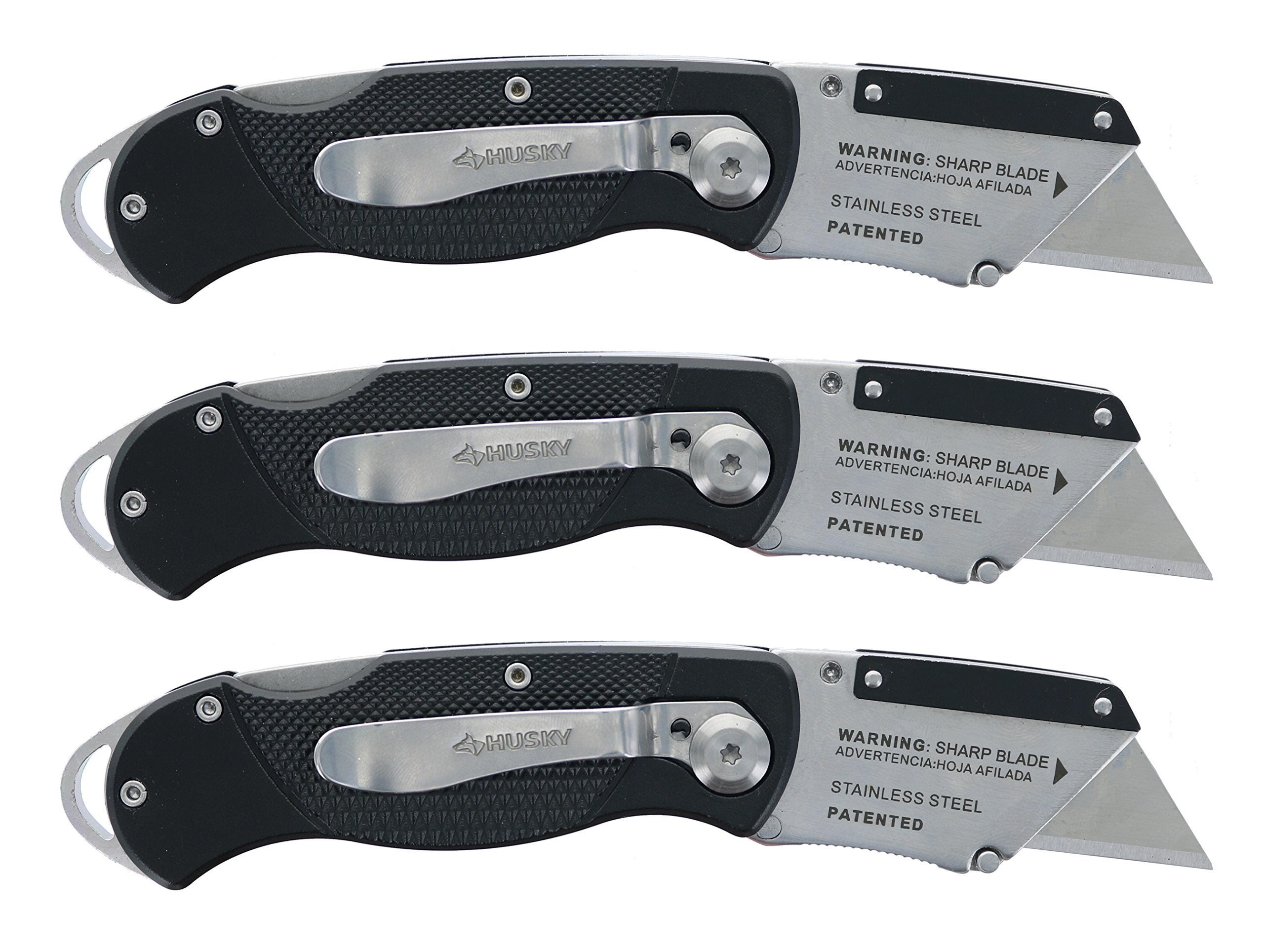 Husky folding knife showing belt clip and lanyard loop for quick access.