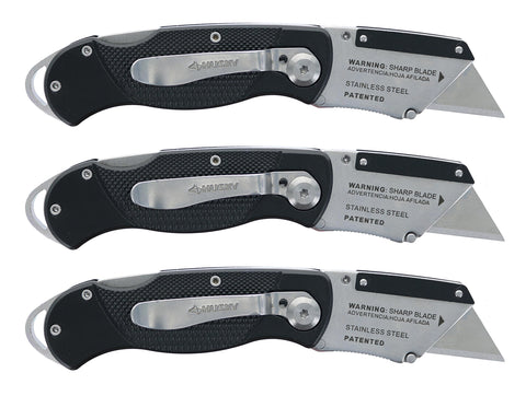 Husky folding knife showing belt clip and lanyard loop for quick access.