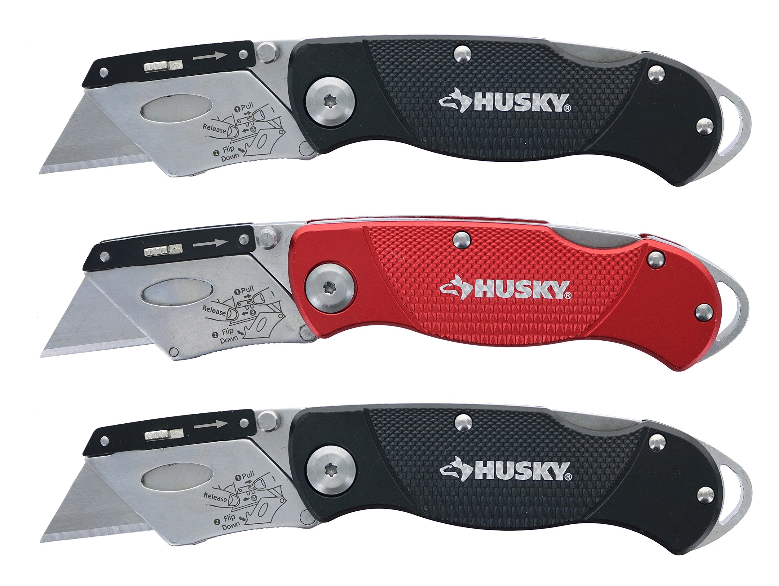 Husky folding knife with three included blades ready for use.