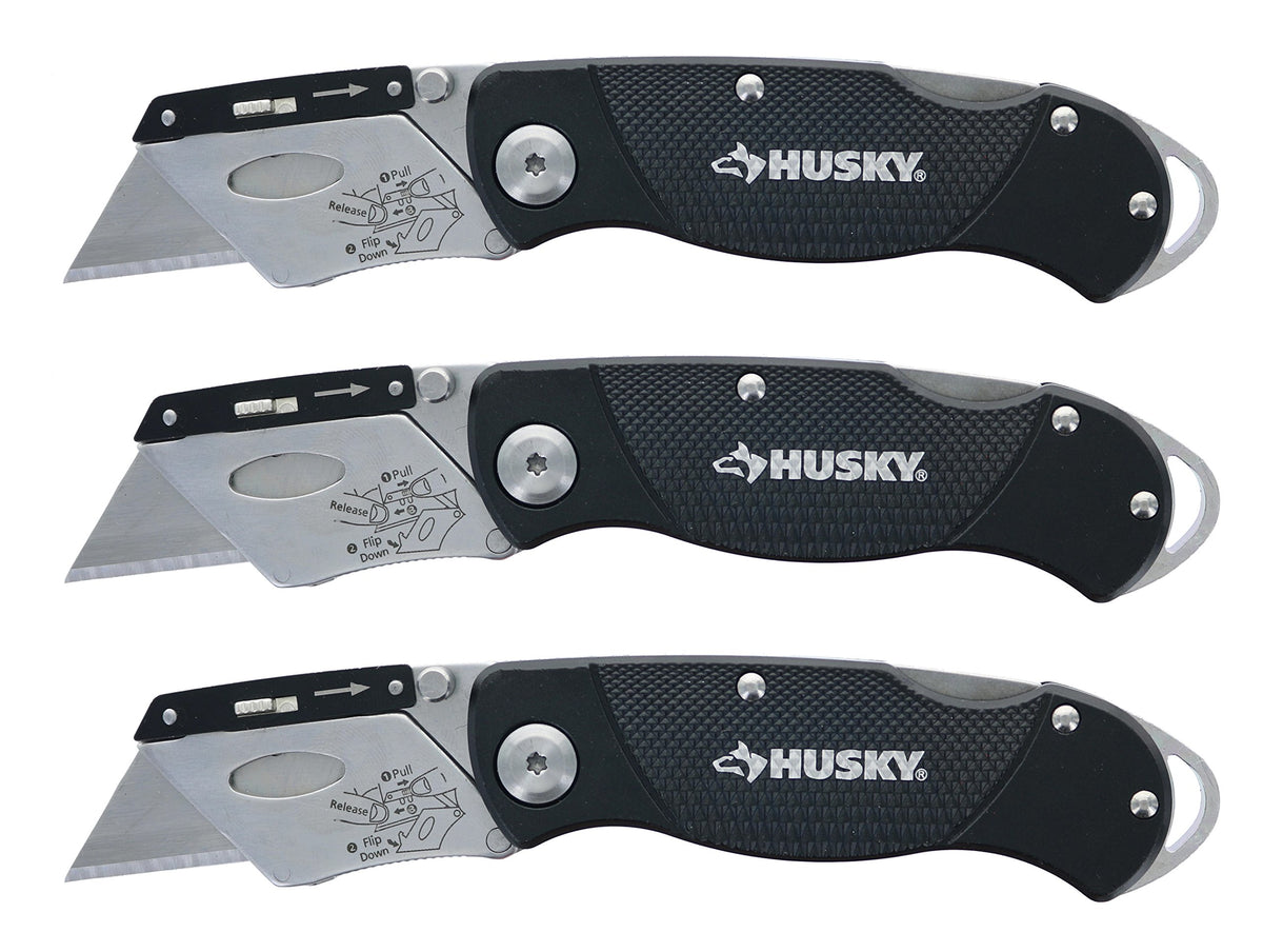 Husky folding knife with textured handle for a secure grip.