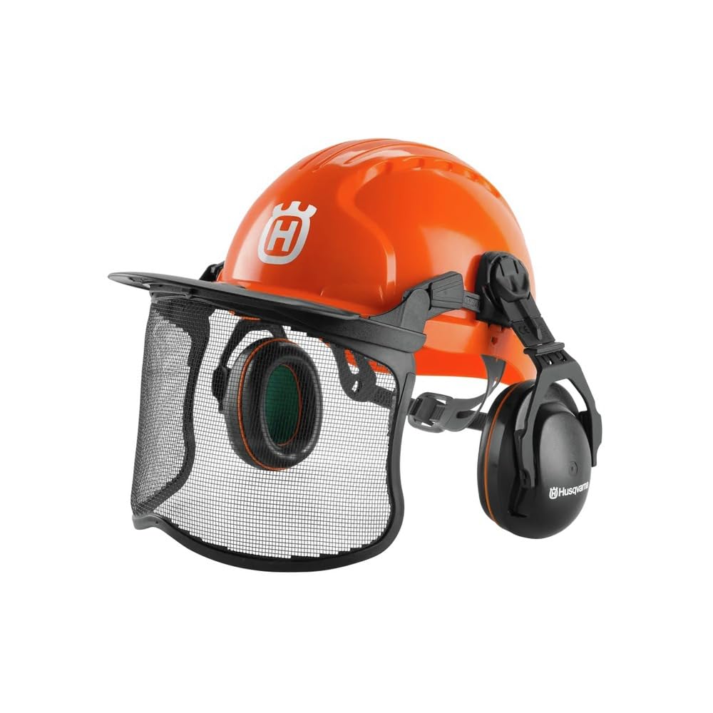 Husqvarna helmet shell with integrated face shield protects eyes during chainsaw work.