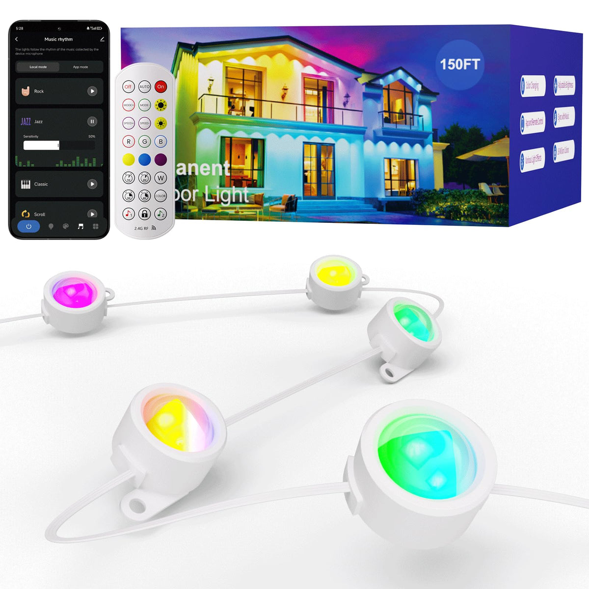 HUTAKUZE 150ft permanent outdoor lights with 90 rgb leds for vibrant ambience