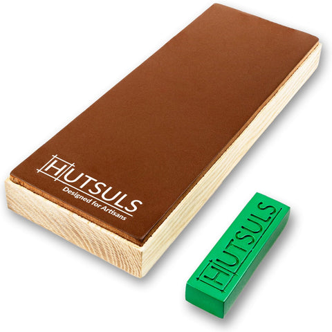 Hutsuls leather strop finishing a chef's knife edge.