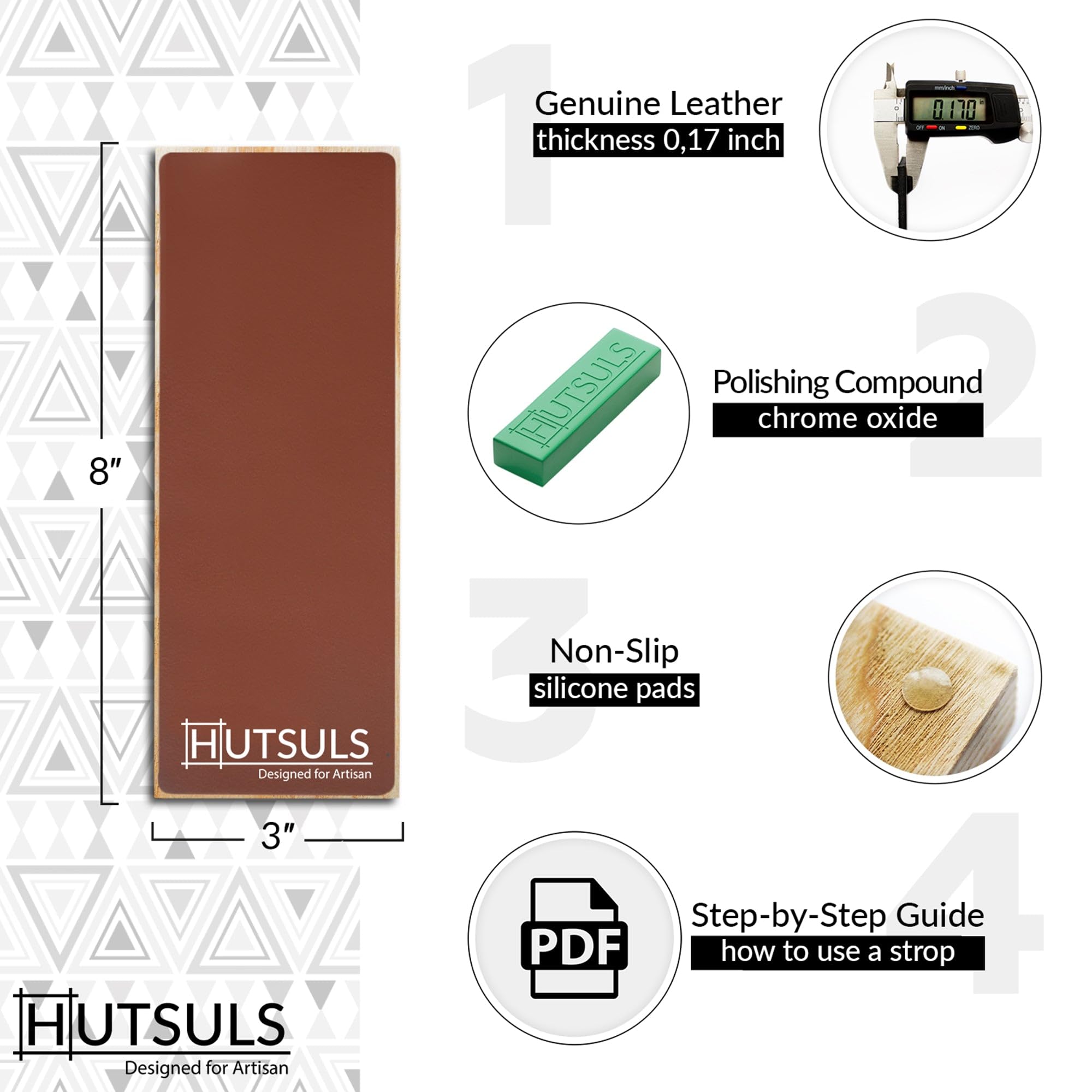 Hutsuls wood base strop block with flat surface for even contact.