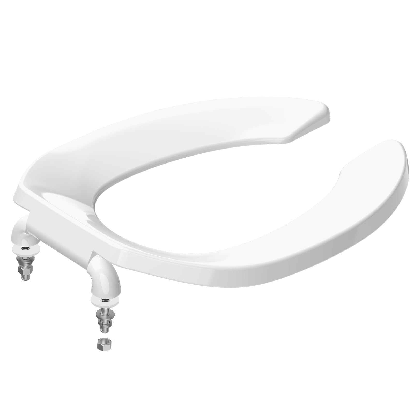 Huttdmel front-open toilet seat on an 18.5-inch elongated bowl for easy access.