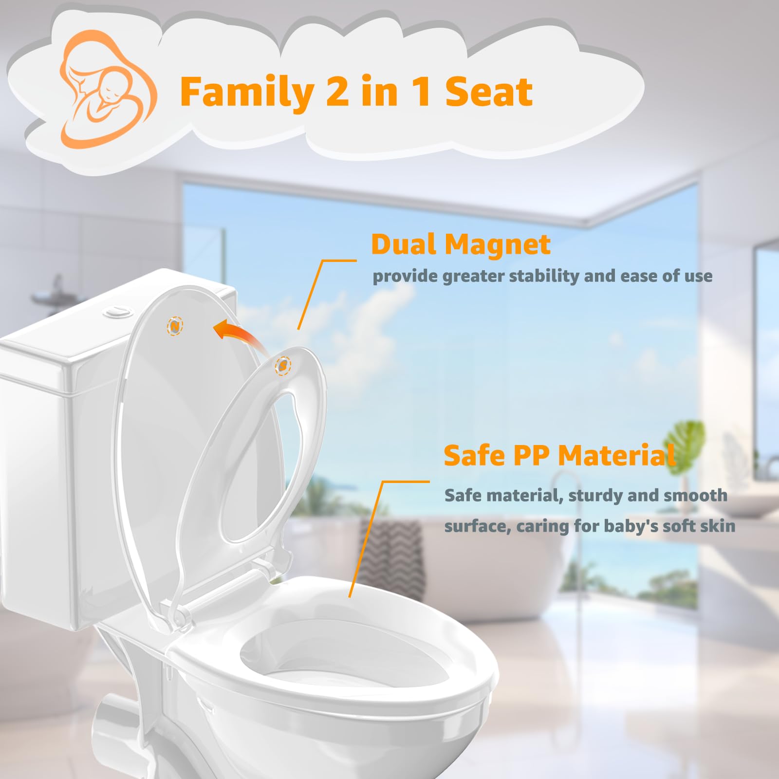 Huttdmel Potty Seat features magnetic base for stable, easy lid handling.