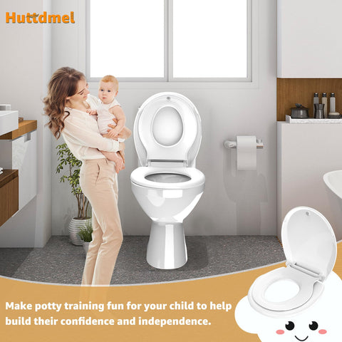 Huttdmel soft-close toilet seat with quiet operation and smooth edges for kids.