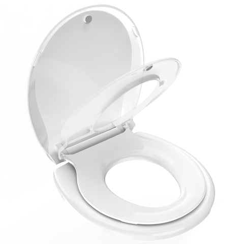 Huttdmel toilet seat with toddler seat in 2-in-1 design for family use.