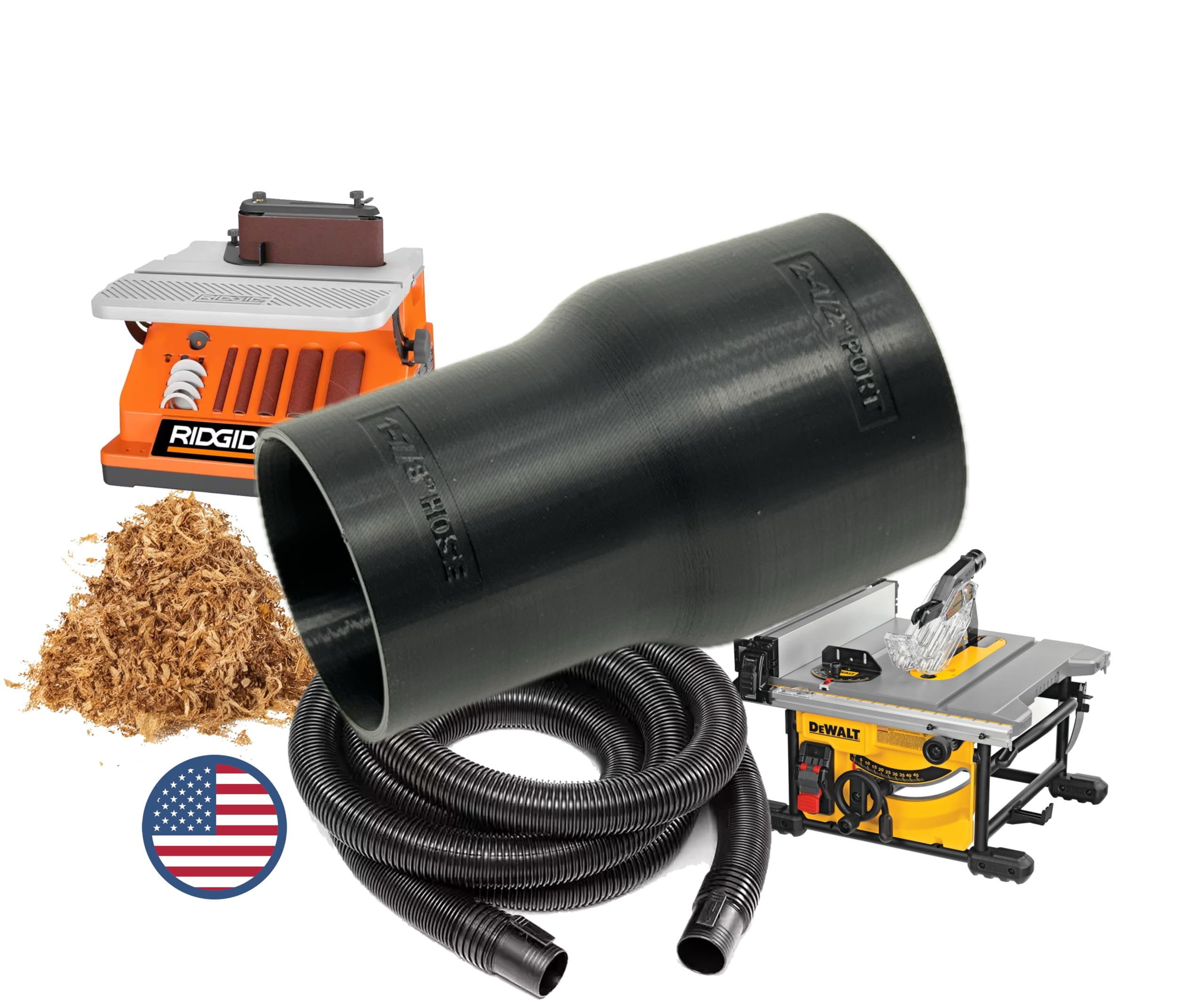 HuttonTOOLS hose adapter for 2-1/2-inch ports connects to a 1-7/8-inch hose for cleaner dust control.