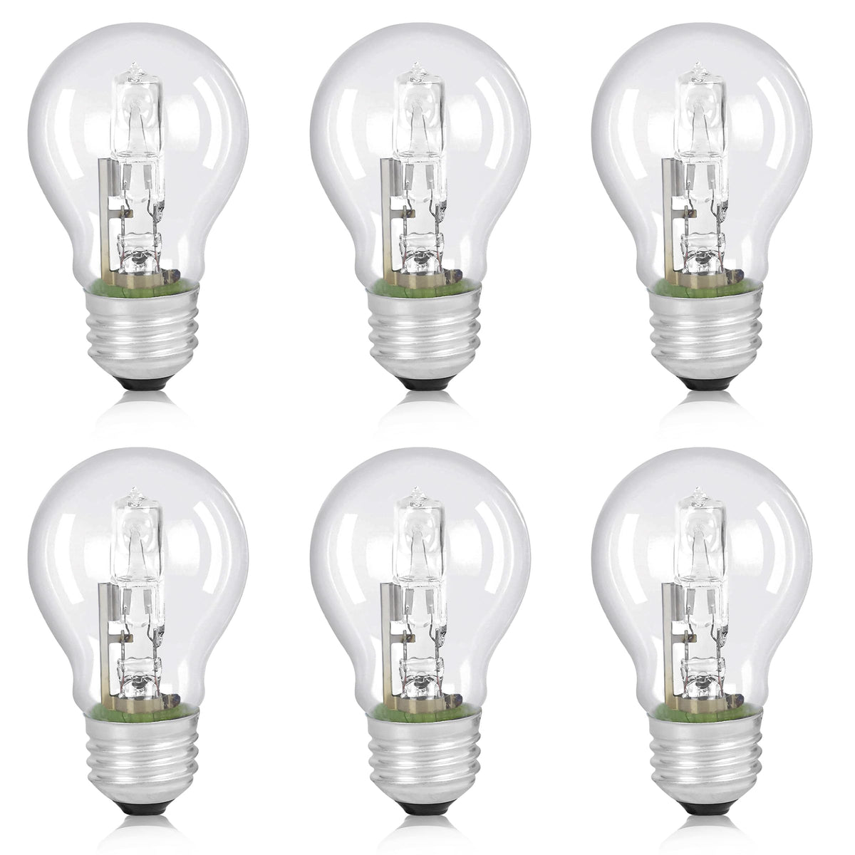 HUTUDAN A19 halogen bulbs with 60W-equivalent brightness in a 6-pack for energy efficiency.