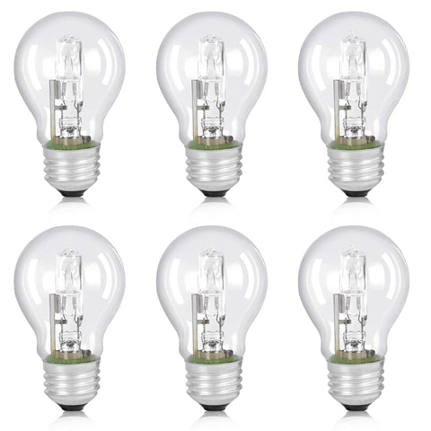 HUTUDAN A19 halogen bulbs with 60W-equivalent brightness in a 6-pack for energy efficiency.