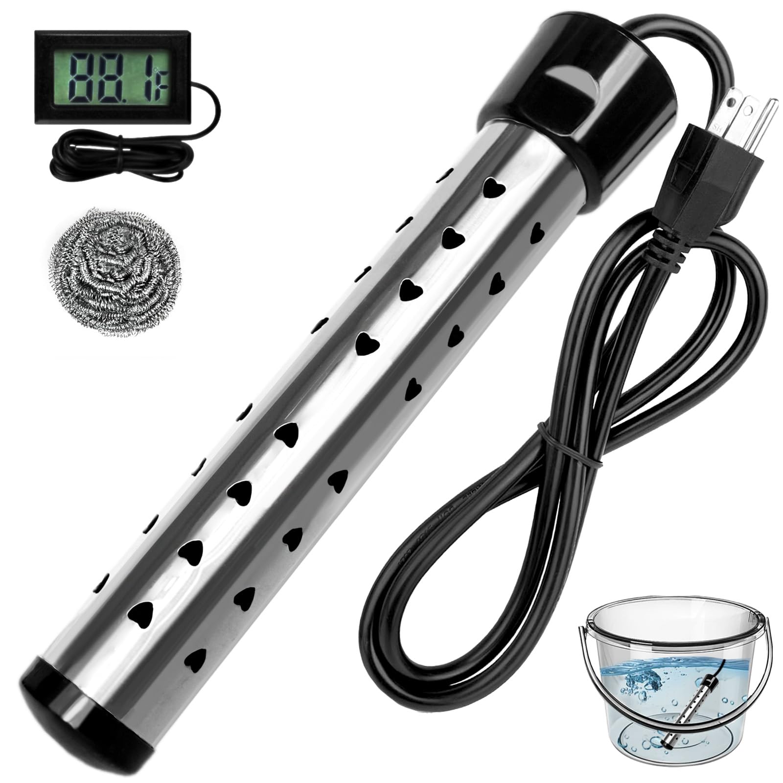 HUVOPUMO 2000W immersion heater in a bucket for fast water heating.