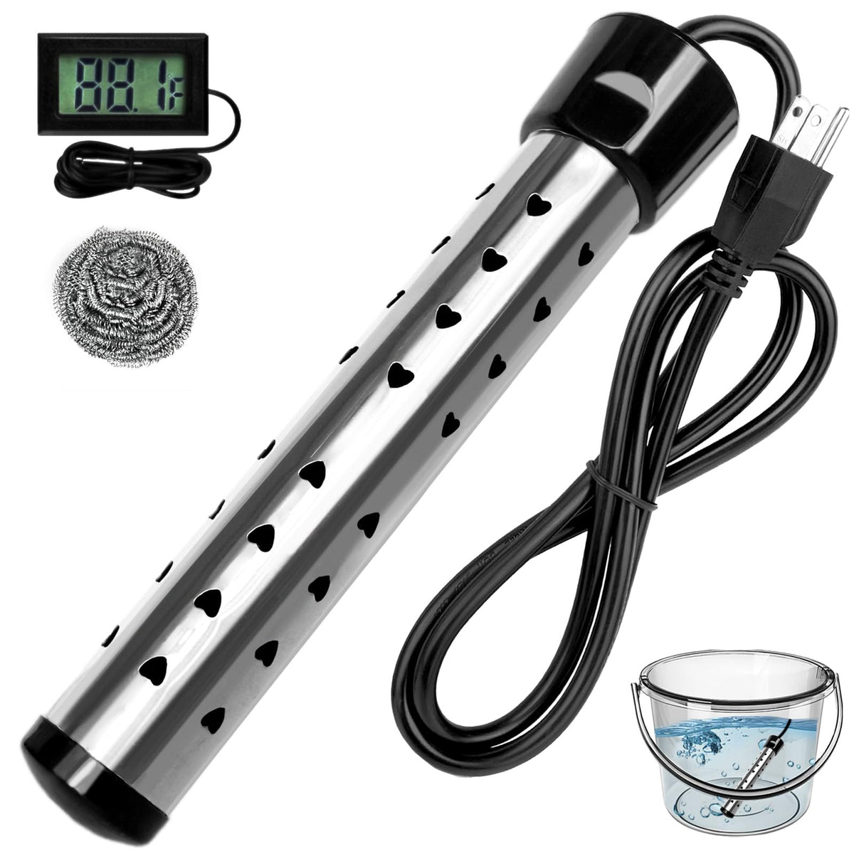 HUVOPUMO 2000W immersion heater in a bucket for fast water heating.